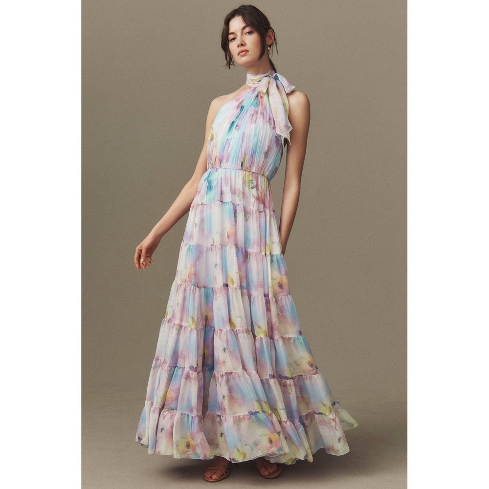 Mac Duggal Multicolor Floral Print Asymmetrical Halter Neck Tiered Gown - Size 8